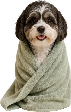 A shih tzu wrapped in a sage towel after its groom