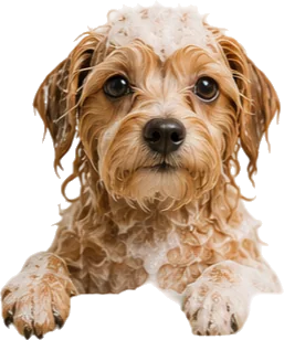 A soapy dog mid-bath, taking it surprisingly well